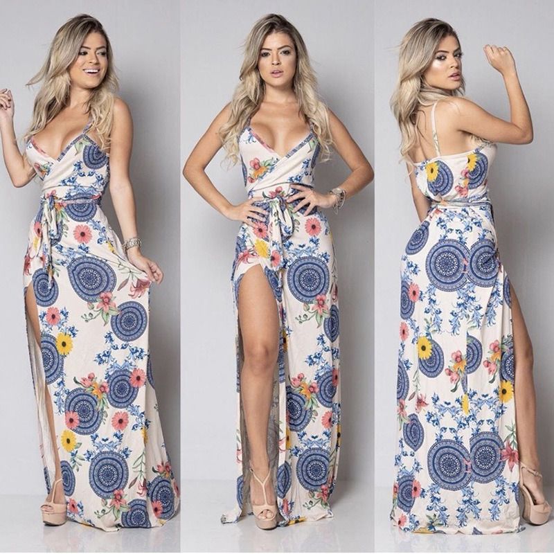 Women&#39;s Long Skirt Summer Deep V-neck Irregular Sleeveless Strap Print Dress