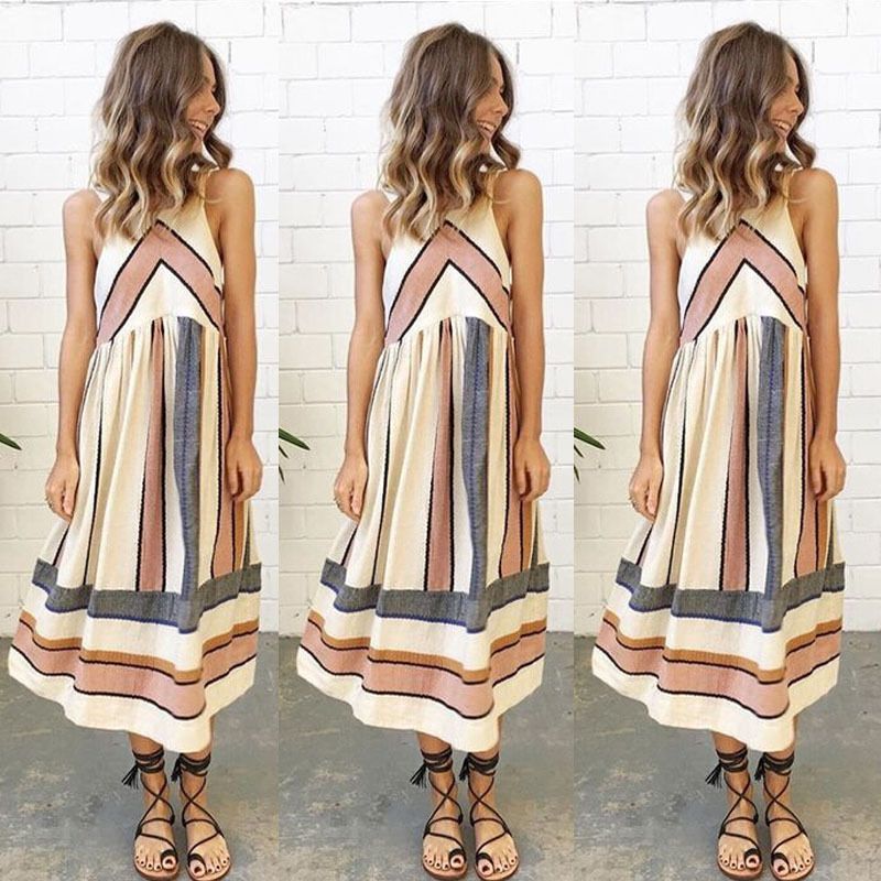 European and American summer women&#39;s new fashion print large strip dress