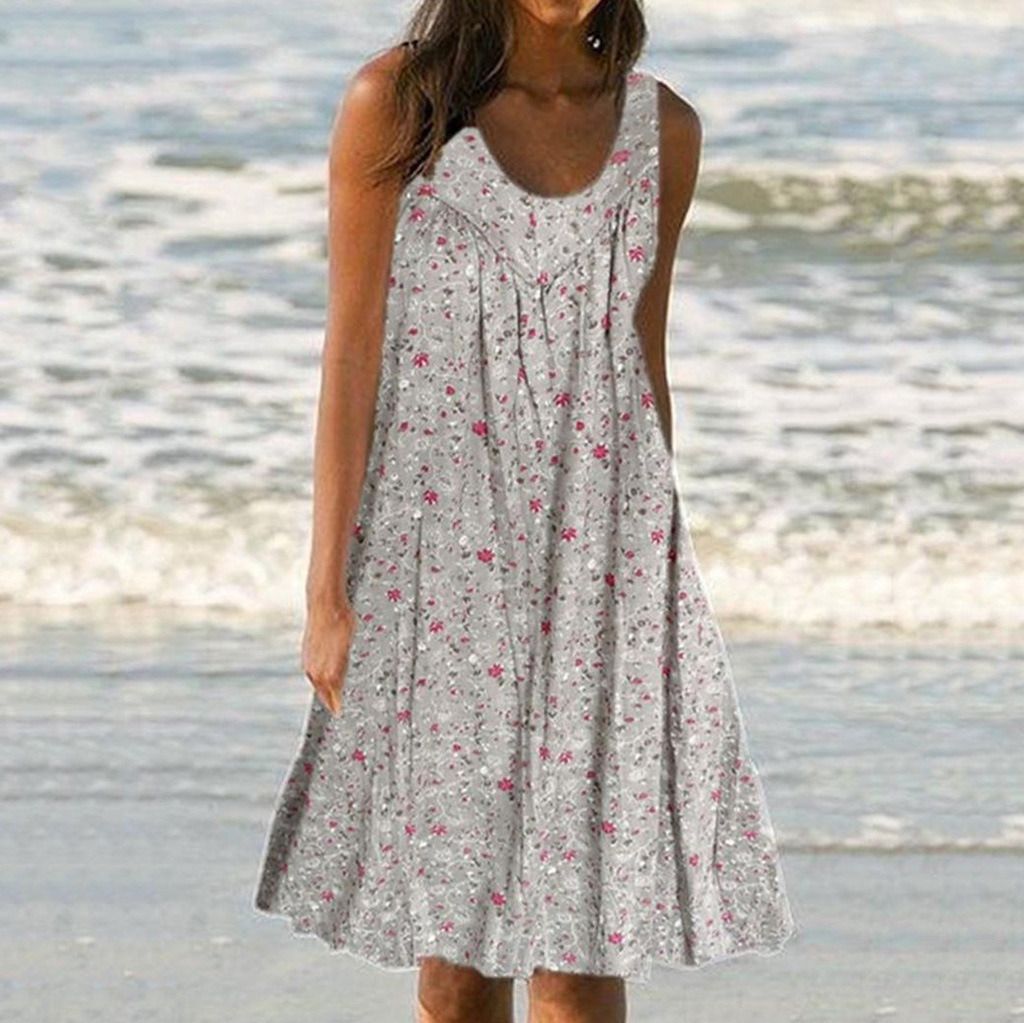 summer new women&#39;s round neck sleeveless print vest skirt beach loose dress