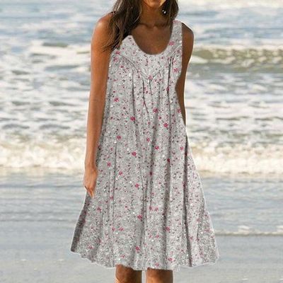 summer new women&#39;s round neck sleeveless print vest skirt beach loose dress