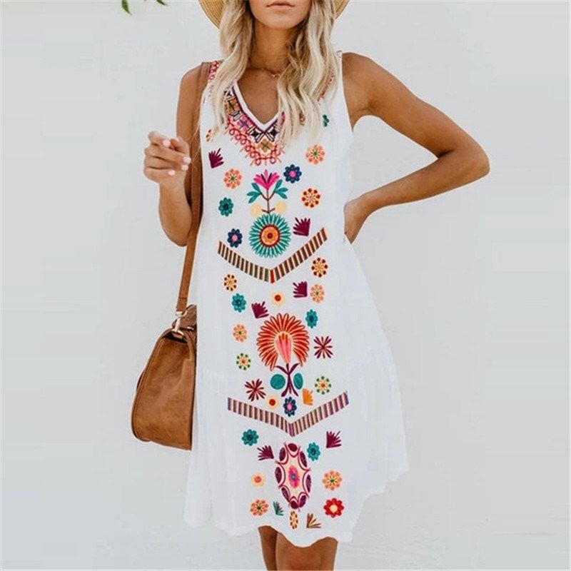 summer women&#39;s new V-neck print sleeveless loose dress