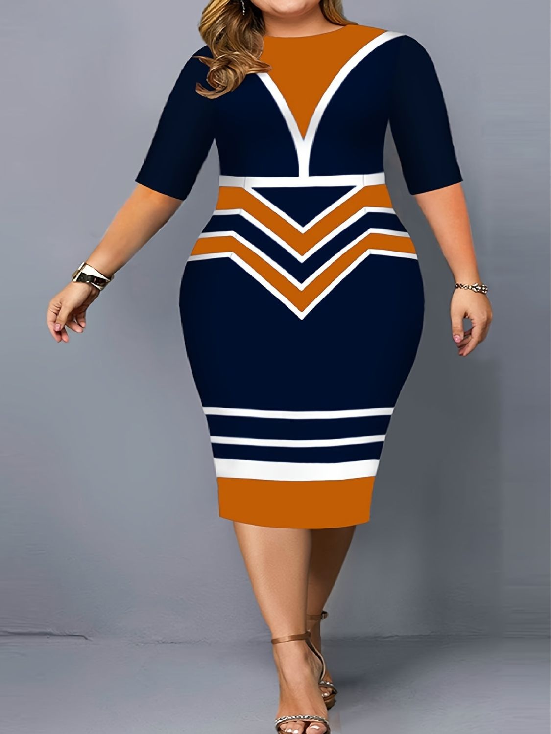 Size Colorblock Half Sleeve Slim Fit Midi Dress; Women&#39;s Slight Stretch Boho Midi Dress