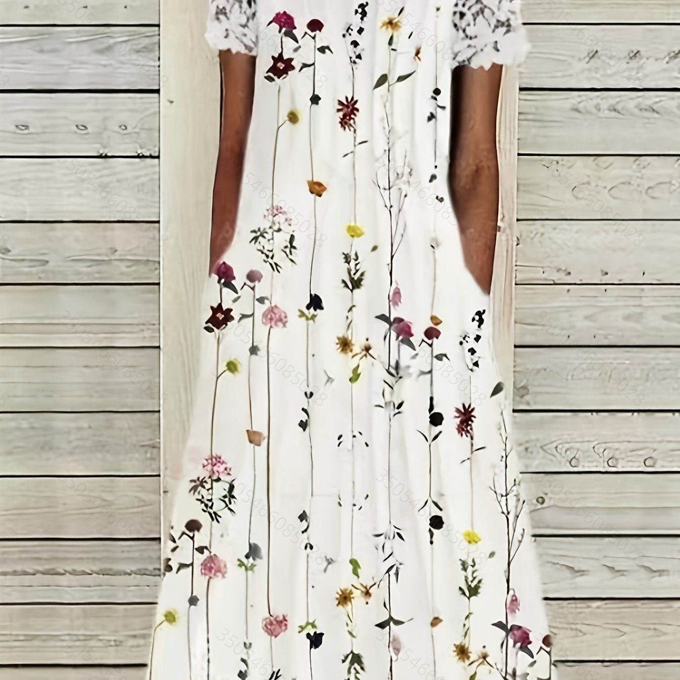 Lace Sleeve Floral Print Dress; Elegant V Neck Summer Midi Dress; Women&#39;s Clothing