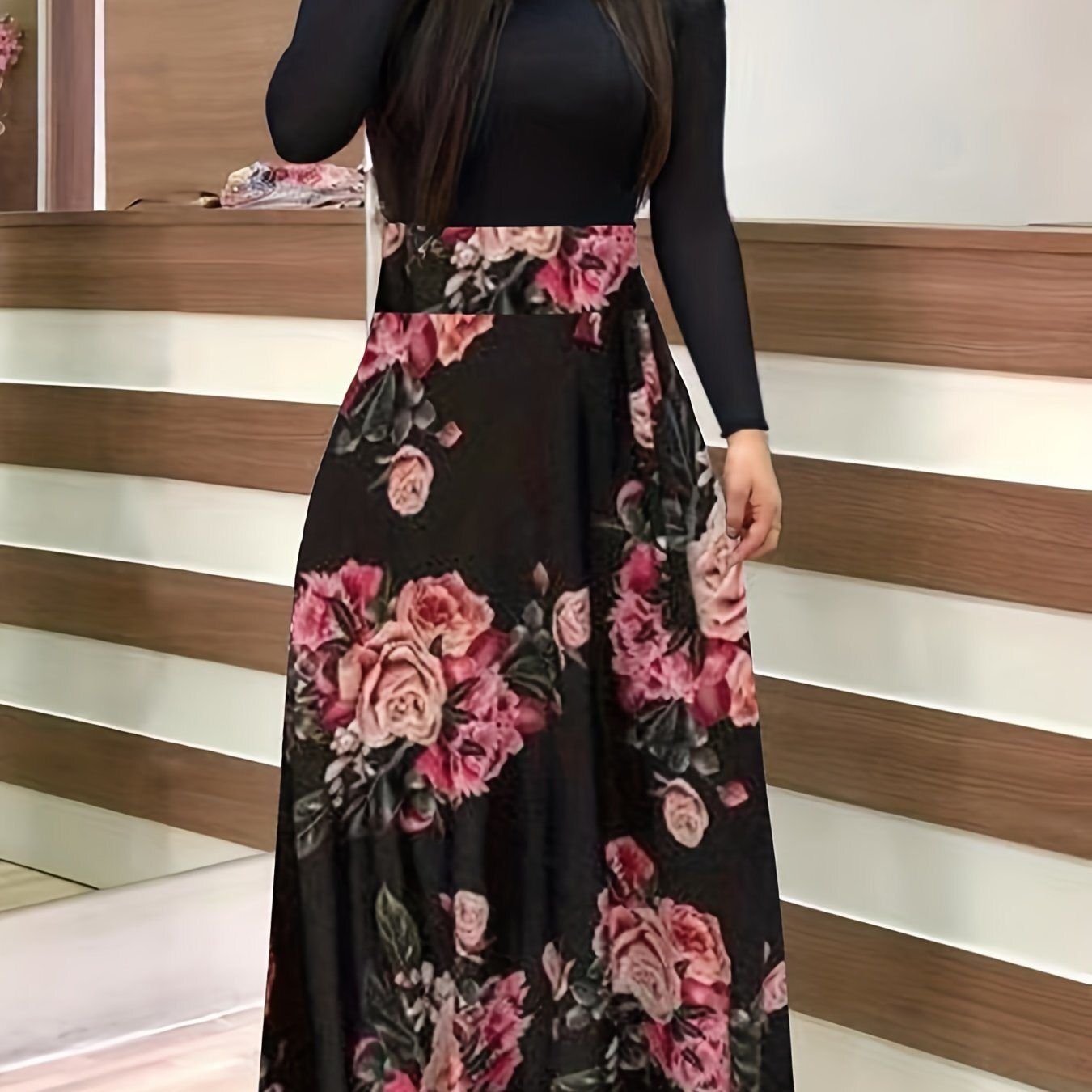 Plus Size Floral Print Round Neck Long Sleeve Maxi Dress; Women&#39;s Plus Colorblock Elegant Long Dress