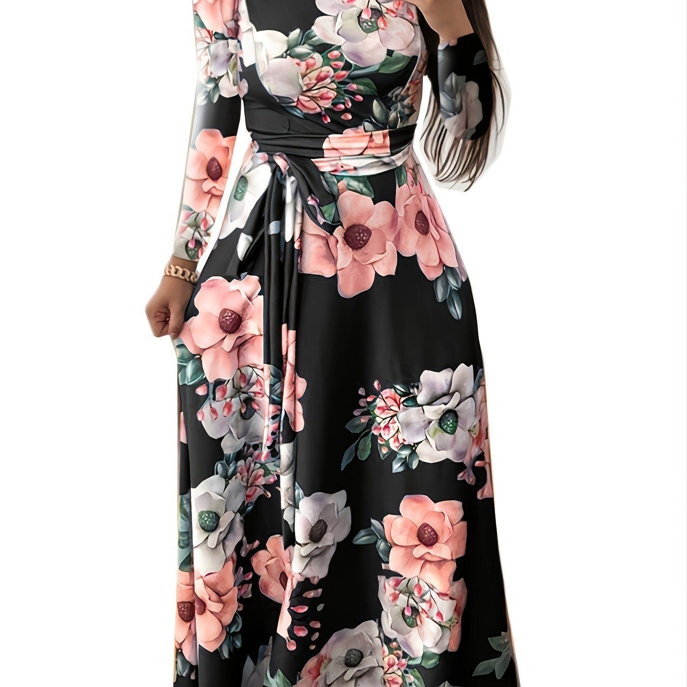 Plus Size Floral Print High Neck Maxi Dress; Women&#39;s Plus Medium Stretch Round Neck Long Dress