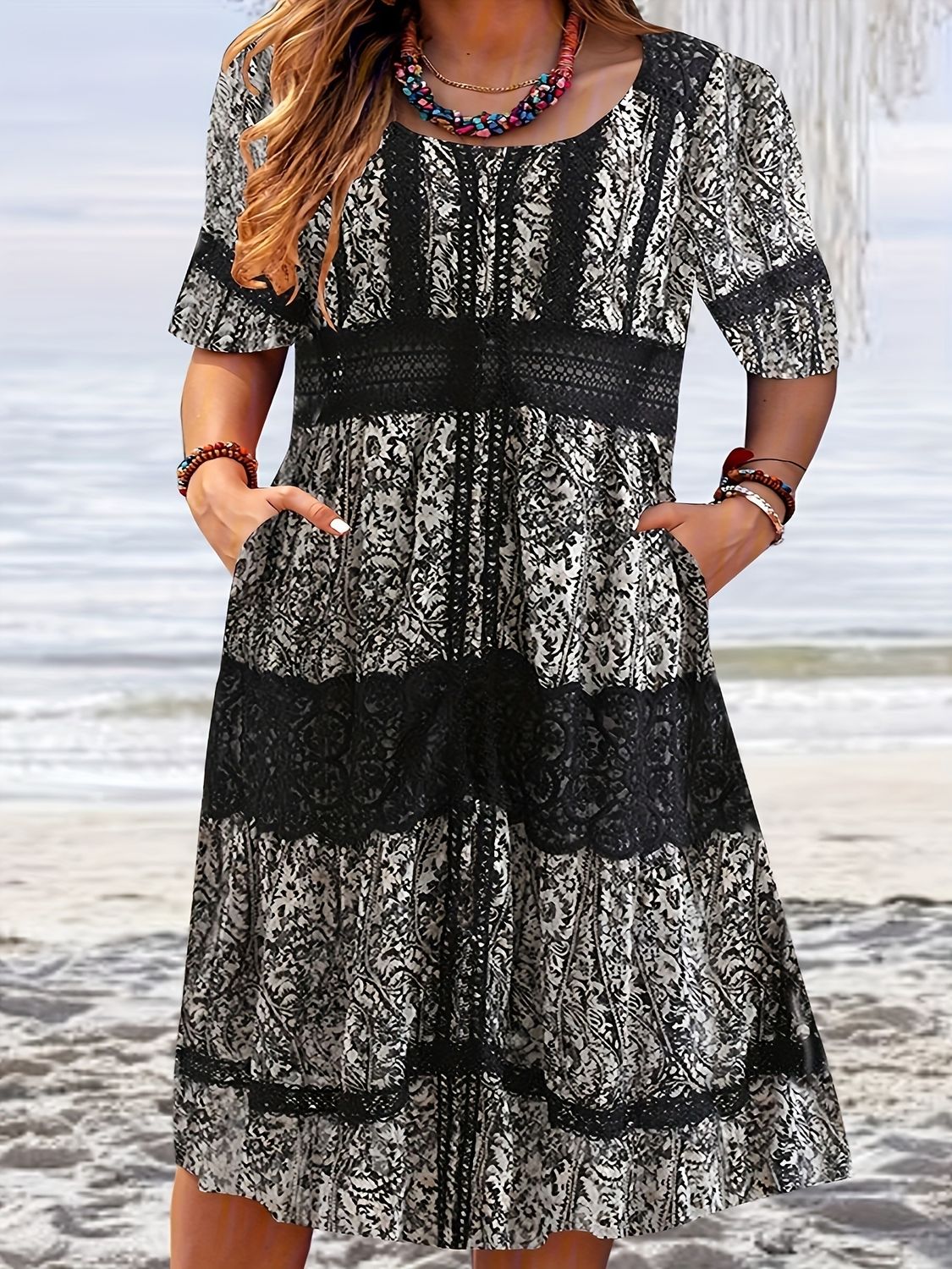 Plus Size Elegant Dress; Women&#39;s Plus Short Sleeve Floral Print Round Neck Dress With Pockets