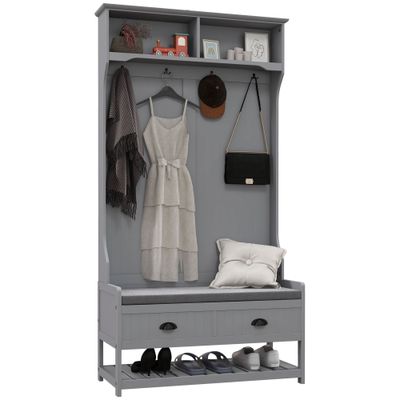 HOMCOM 3-in-1 Hall Tree, Entryway Bench with Coat Rack, Mudroom Bench with Shoe Rack, 2 Storage Drawers, 4 Hooks and Padded Seat Cushions for Hallway, Gray HOMCOM 3-in-1 Hall Tree, Entryway Bench with Coat Rack, Mudroom Bench with Shoe Rack, 2 Storage Drawers, 4 Hooks and Padded Seat Cushions for Hallway, Gray