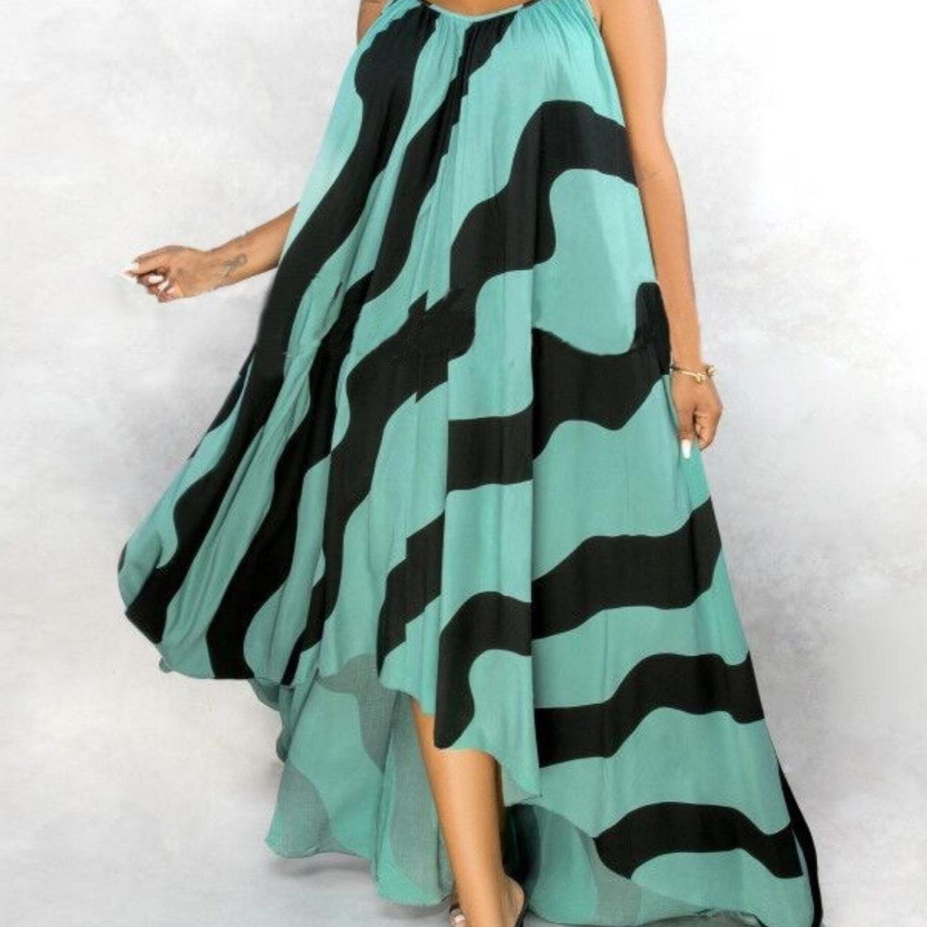Plus Size Striped Pattern Irregular Hem Cami Long Dress; Women&#39;s Plus High Stretch Casual Cami Maxi Dress