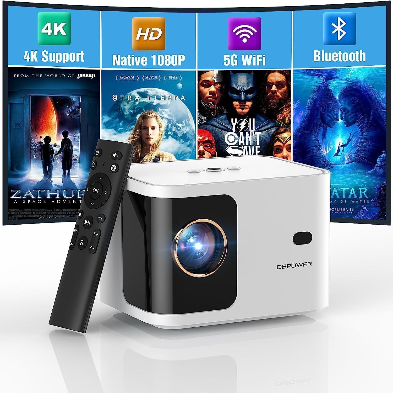 5G WiFi Mini Bluetooth Projector 4K Support, 300 ANSI HD 1080P Portable Video Projector, &amp;plusmn;40&amp;deg; Vertical Keystone|Zoom|Timer, DBPOWER Smartphone Projector Outdoor Movie for PC/TV(White)