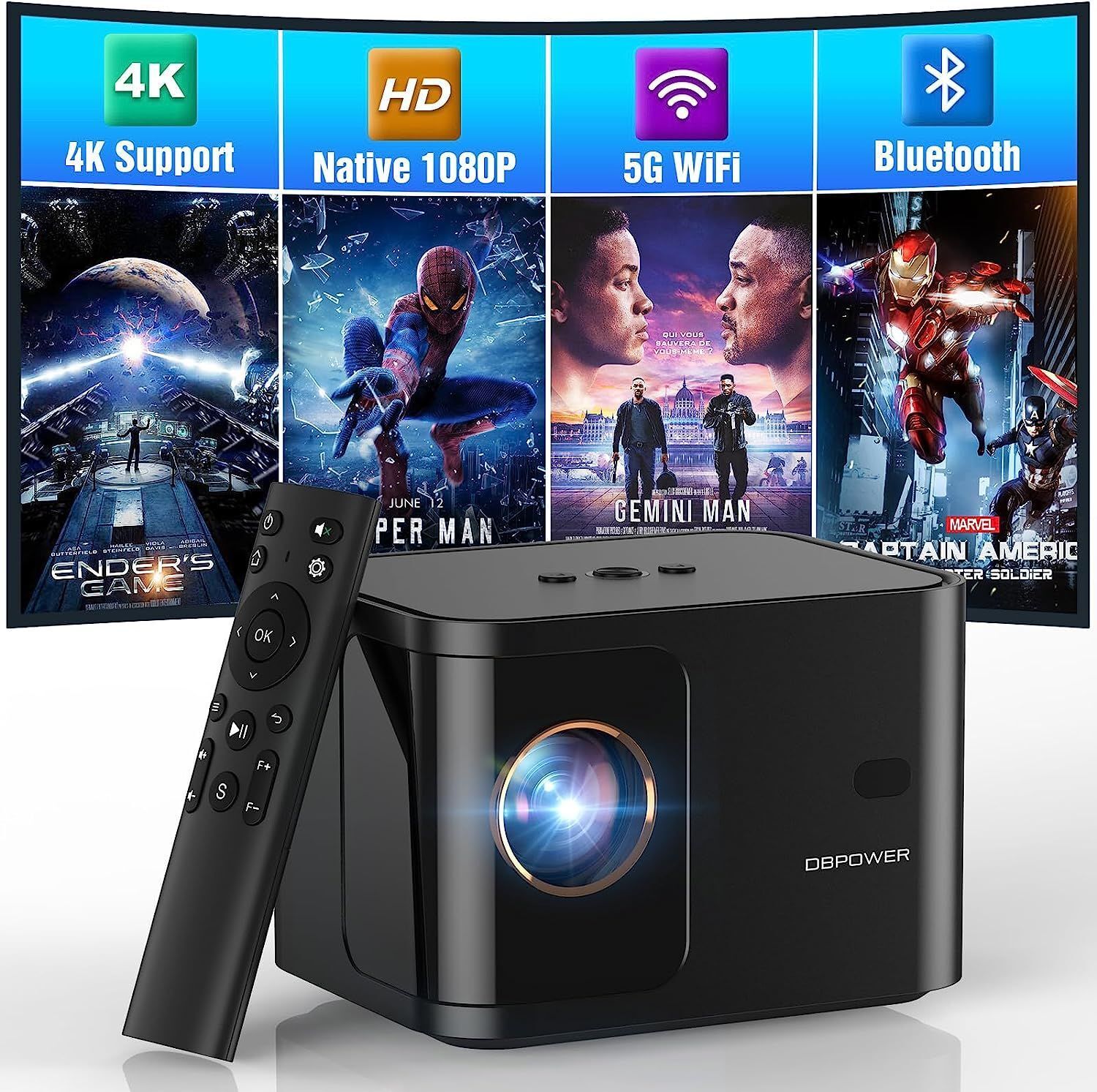 5G WiFi Mini Bluetooth Projector 4K Support, 300 ANSI HD 1080P Portable Video Projector, &amp;plusmn;40&amp;deg; Vertical Keystone|Zoom|Timer, DBPOWER Smartphone Projector Outdoor Movie for PC/Laptop/TV