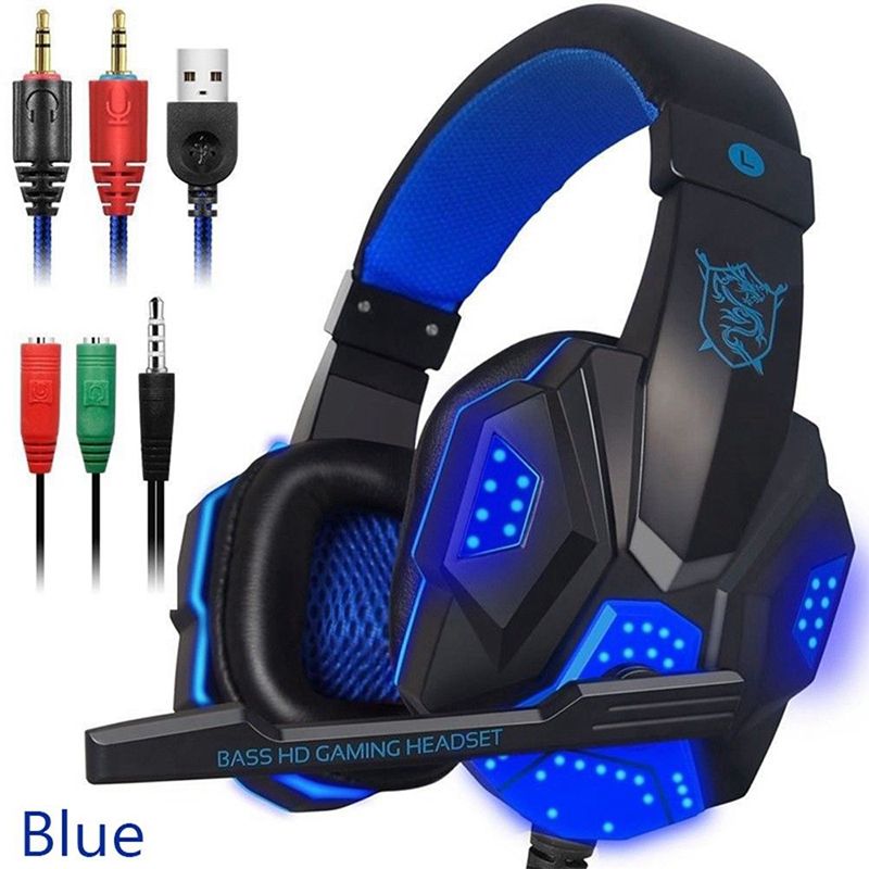 Over Ear Gaming Headset with Mic and LED Light for Laptop Cellphone PS4, Blue