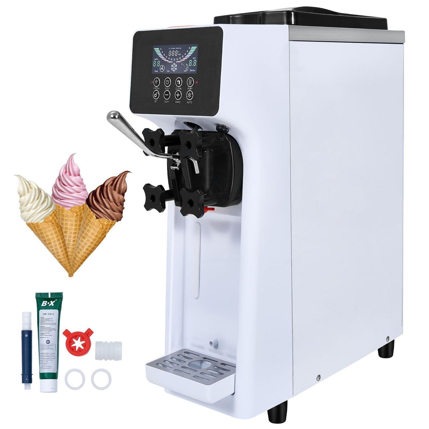 VEVOR Commercial Ice Cream Machine, 10.6 QT/H Yield, 1000W Single Flavor Countertop Soft Serve Ice Cream Maker, with 4L Hopper 1.6L Cylinder, LCD Panel Auto Clean Pre-cooling, for Restaurant Snack Ba