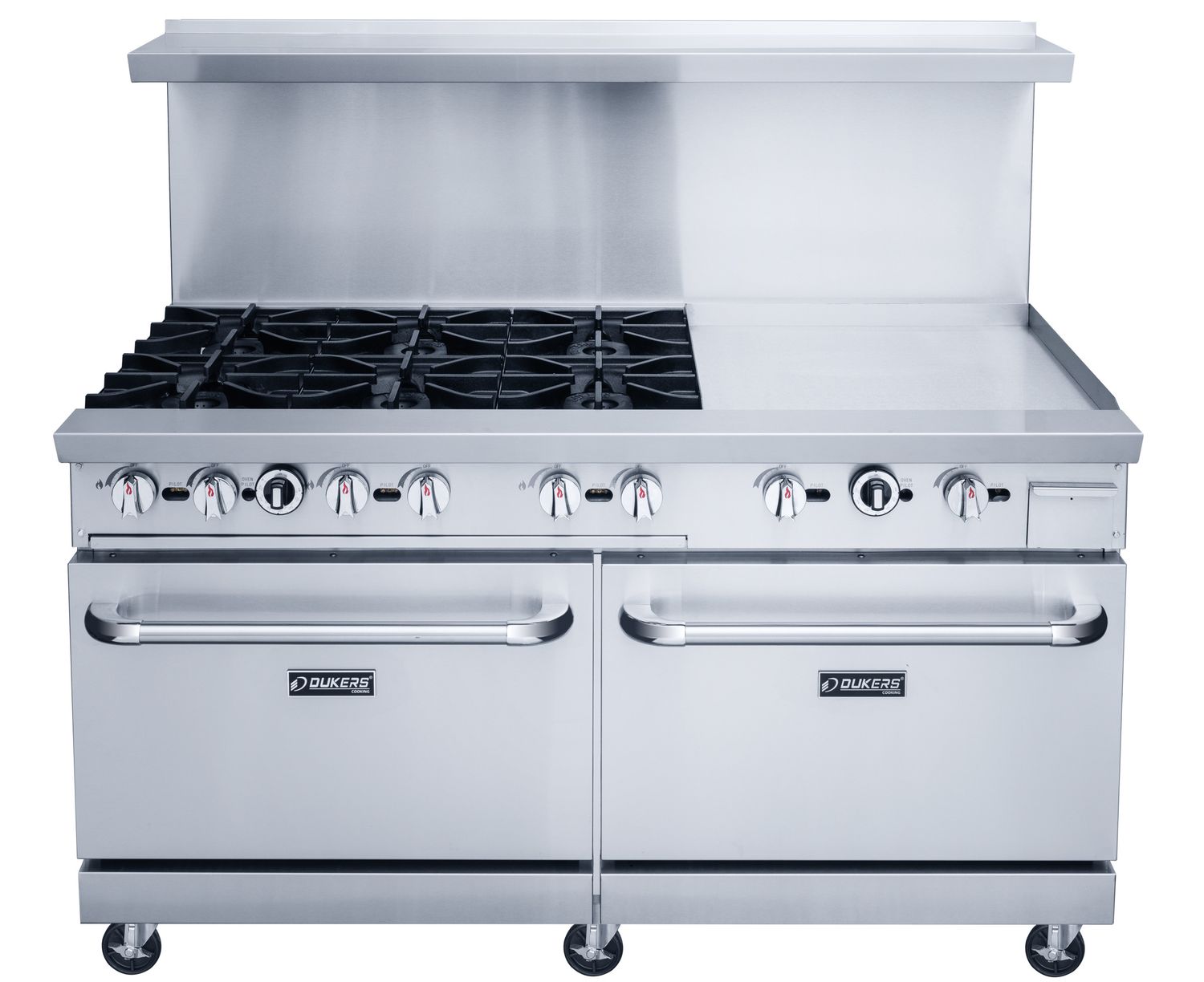 Dukers Commercial 60&quot; Combination 6 Burners Hot Plate and 24&quot; Griddle Top with 2 Oven Combination Cabinet in Stainless Steel