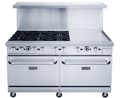 Dukers Commercial 60&quot; Combination 6 Burners Hot Plate and 24&quot; Griddle Top with 2 Oven Combination Cabinet in Stainless Steel