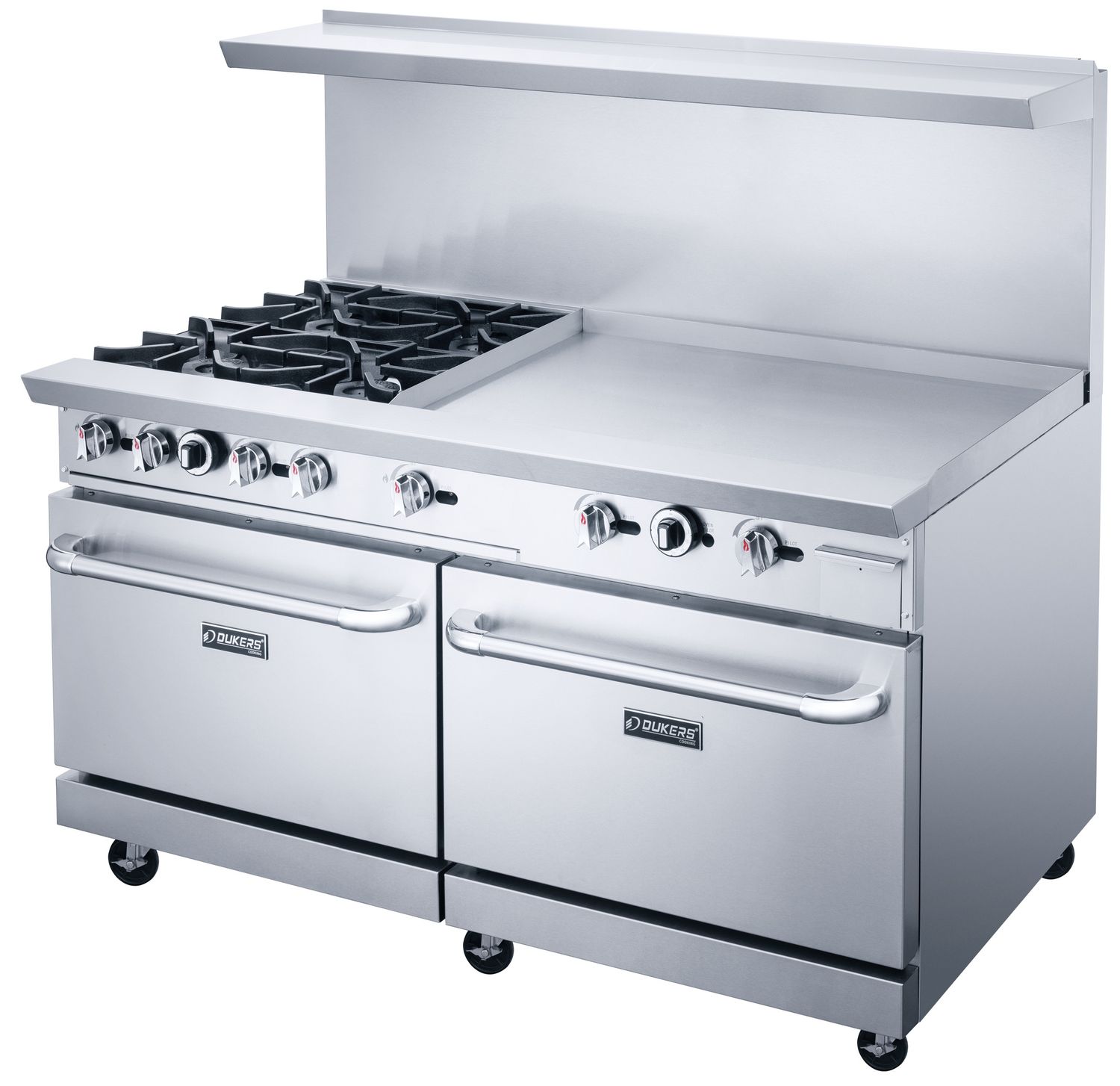 Dukers Commercial 60&quot; Combination 4 Burners Hot Plate and 36&quot; Griddle Top with 2 Oven Combination Cabinet in Stainless Steel