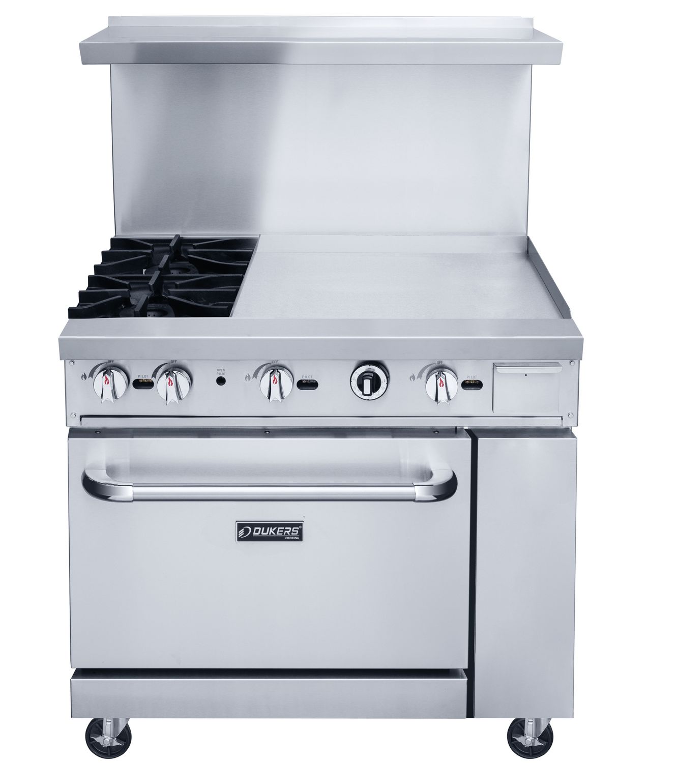 Dukers Commercial 36&quot; Combination 2 Burners Hot Plate and 24&quot; Griddle Top with Oven Combination Cabinet in Stainless Steel