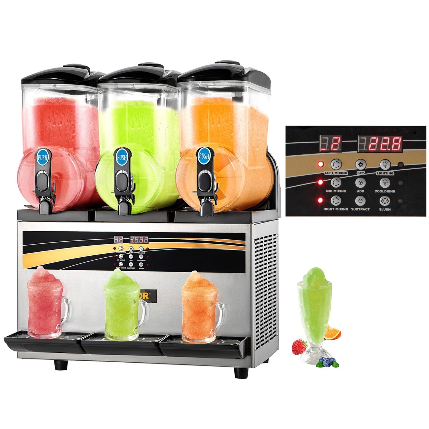 VEVOR Commercial Slushy Machine, 3x15L Tank Commercial Margarita Maker, 1200W Stainless Steel Frozen Drink Machine, Temperature Adjustment 26.6?&amp;deg;F to 28.4?&amp;deg;F, Perfect for Restaurants Cafes Ba