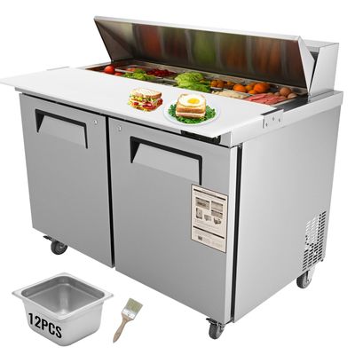 VEVOR Commercial Refrigerator, 48&quot; Sandwich &amp; Salad Prep Table, 12.85 Cu. Ft Thick Stainless Steel Refrigerated Food Prep Station with 12 Pans Cutting Board, 2 Door Fridge for Restaurant, Bar, Shop