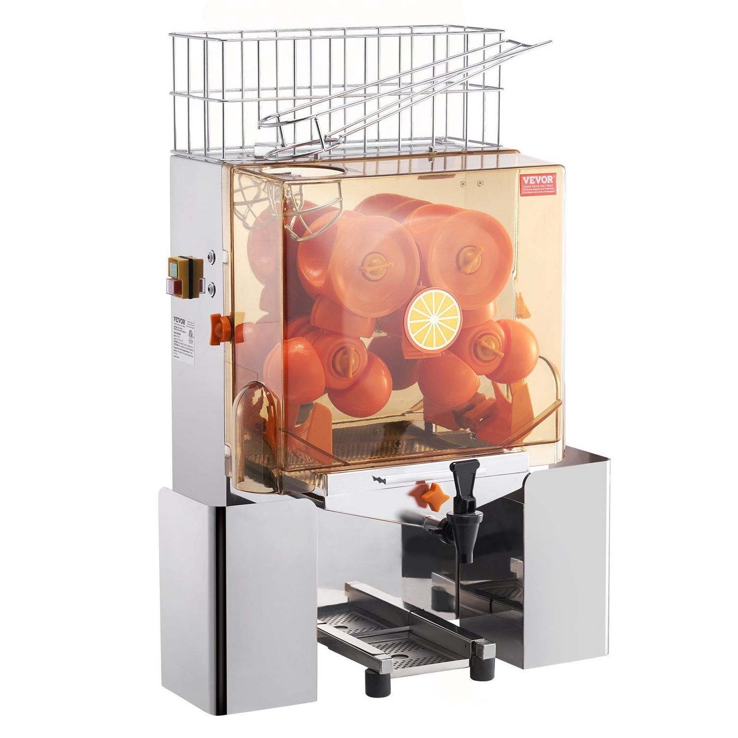 VEVOR Commercial Orange Juicer Machine, 120W Automatic Juice Extractor with Water Tap, Stainless Steel Orange Squeezer 20 Oranges/Minute, with Pull-Out Filter Box, PC Cover, 2 Peel Collecting Buckets