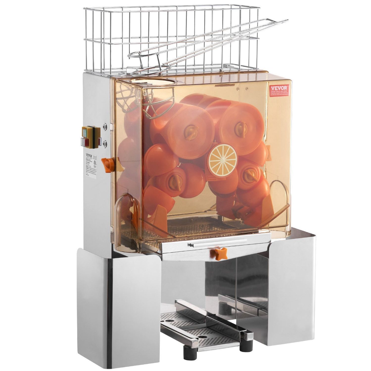 VEVOR Commercial Orange Juicer Machine, 120W Automatic Juice Extractor, Stainless Steel Orange Squeezer for 20 Oranges Per Minute, with Pull-Out Filter Box, PC Cover, 2 Peel Collecting Buckets