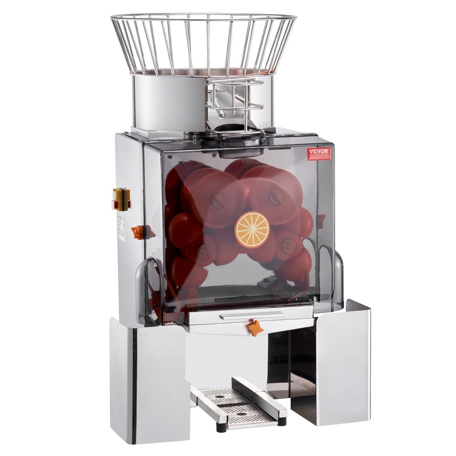 VEVOR Commercial Orange Juicer Machine, 120W Automatic Feeding Juice Extractor, Stainless Steel Juice Extractor for 25 Oranges Per Minute, with Pull-Out Filter Box, PC Cover, 2 Peel Collecting Bucket