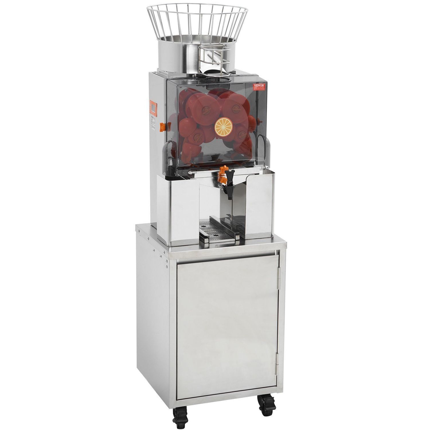 VEVOR Commercial Orange Juicer, 120W Automatic Feeding Juice Extractor with Water Tap, Stainless Steel Juicer Machine 25 Oranges/Minute, with Pull-Out Filter Box, PC Cover, 3 Peel Collecting Buckets