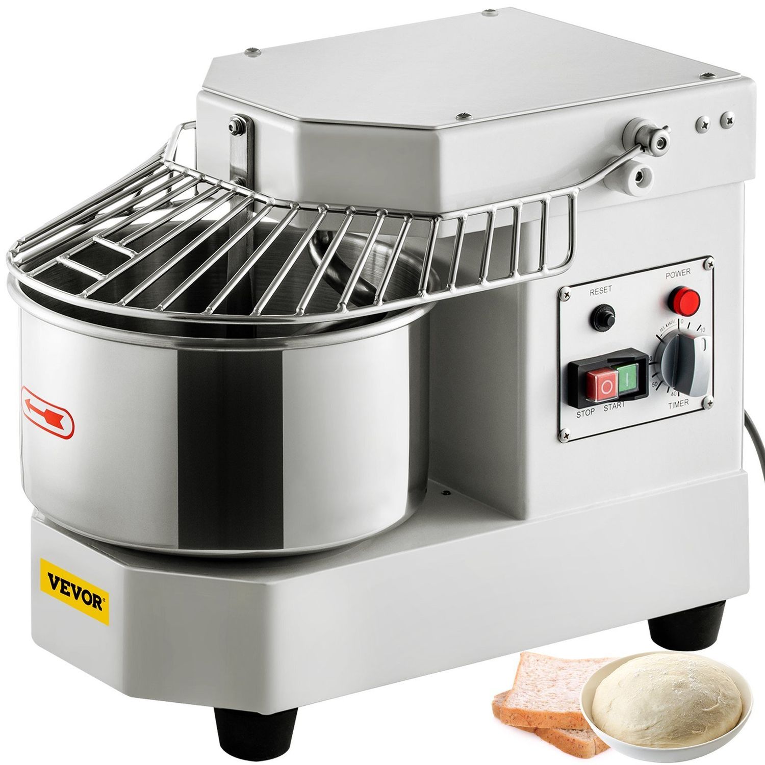 VEVOR Commercial Food Mixer, 8.5Qt Capacity, 450W Dual Rotating Dough Kneading Machine with Food-grade Stainless Steel Bowl, Security Shield &amp; Timer Included, Baking Equipment for Restaurant Pizzeria