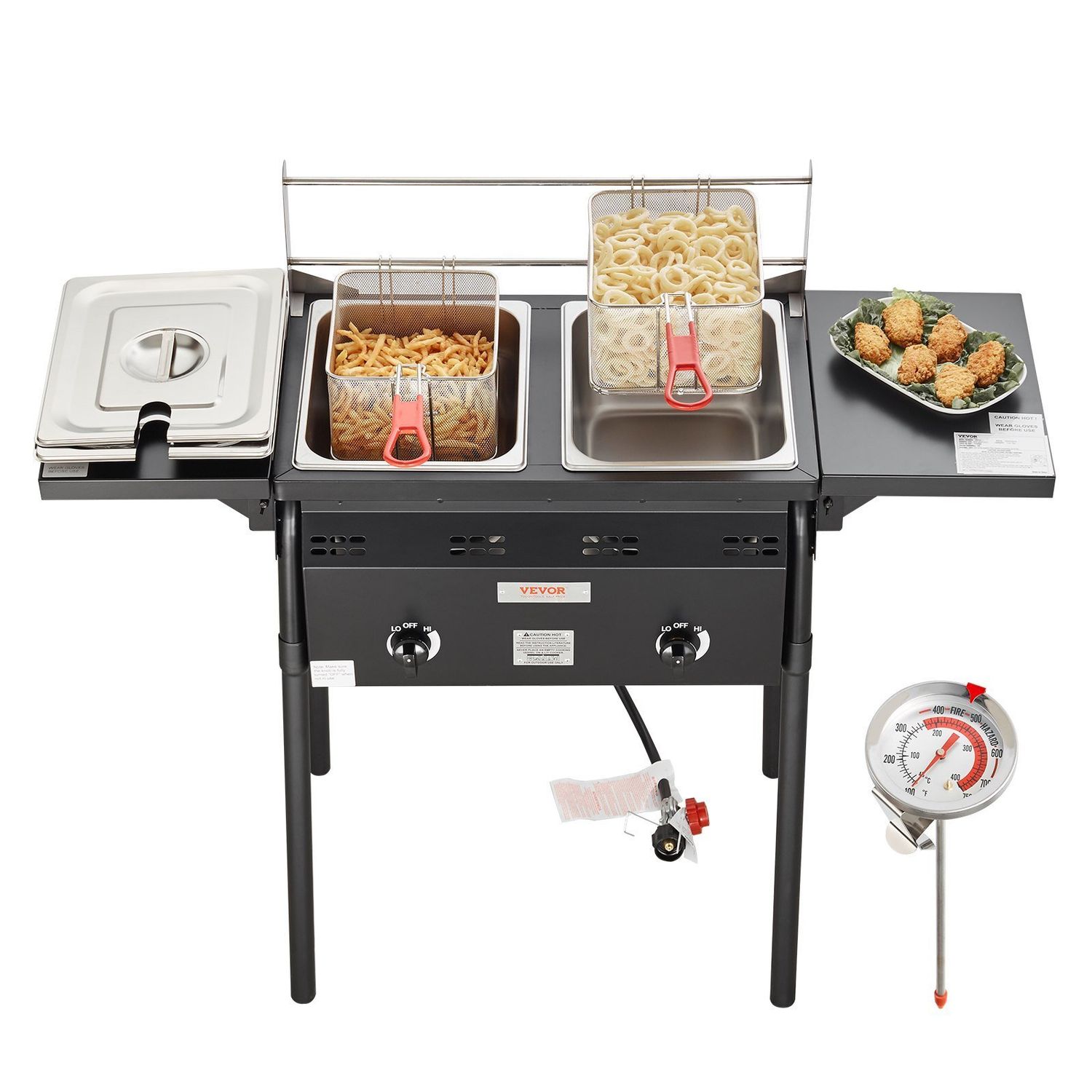 VEVOR Outdoor Propane Deep Fryer, Double Burners Commercial Fryer, 16 Qt Stainless Steel Cooker with Removable Baskets &amp; Lids &amp; Tanks, Oil Fryer Cart with Thermometer &amp; Regulator, For Outdoor Cooking