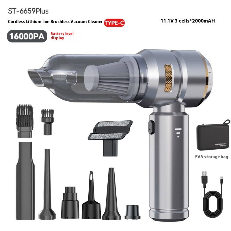 Color Classification: Silver Gold +Bag - Suction And Blowing Dual-purpose Small Mini Handheld Car Cleaner
