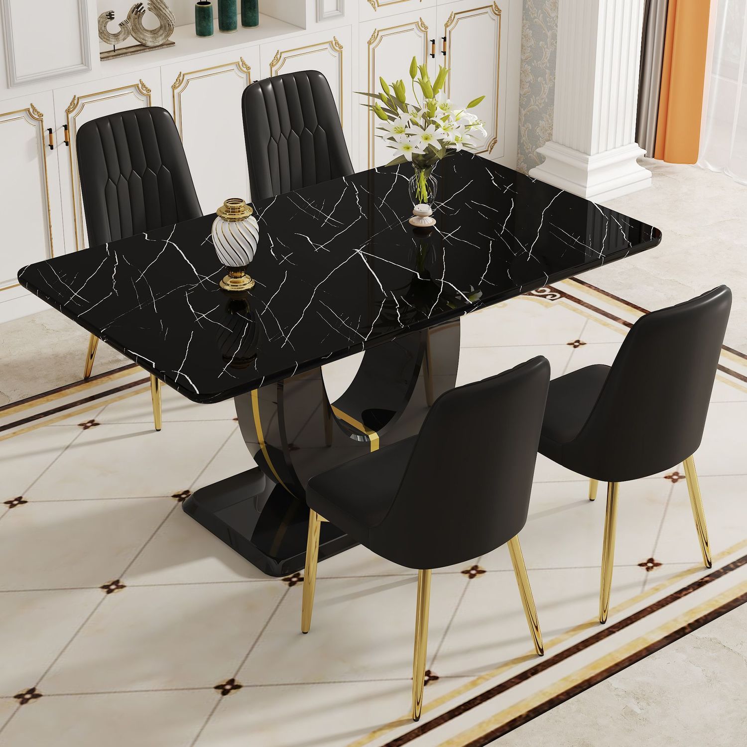 Table and chair set.63&quot;W x 37&quot;D x 30&quot;H Black Marble MDF DiningTable Set with 4 Black PU Chairs with gold metal legs.Bring a comfortable home experience to the kitchen, bedroom, and office.