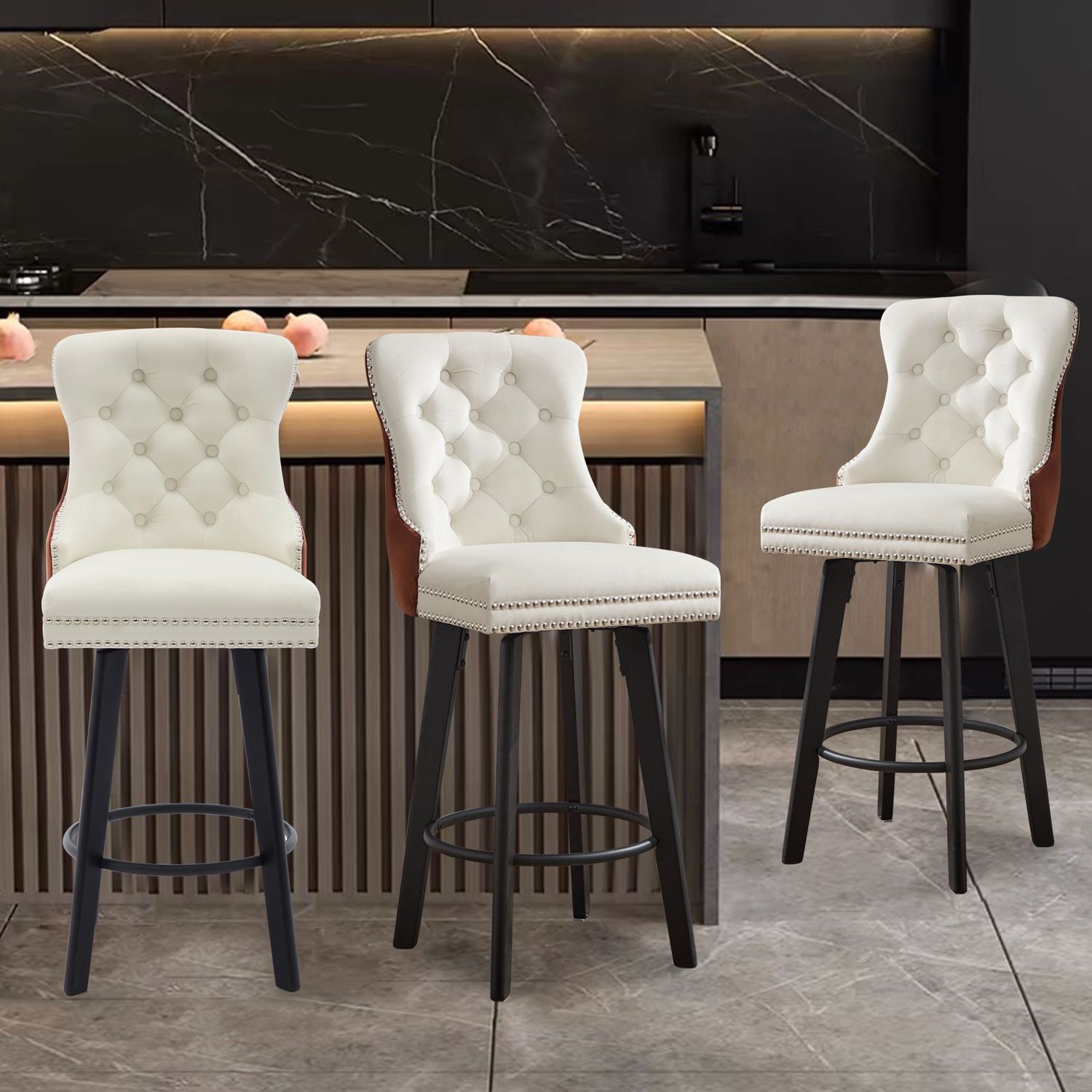 Modern Swivel Bar Stools Velvet Barstools Button Tufted Bar Stools Rivet Trim Bar Stools for Kitchen Island,Bistro, with Metal Pull Ring Sturdy Footrest Large Backrest for Home Bar 3