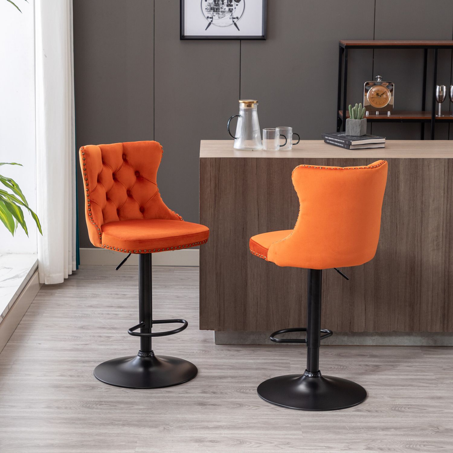 A&amp;A Furniture,Swivel Velvet Barstools Adjusatble Seat Height from 25-33 Inch,17.7inch base, Modern Upholstered Bar Stools with Backs Comfortable Tufted for Home Pub and Kitchen Island,Orange,Set of 2