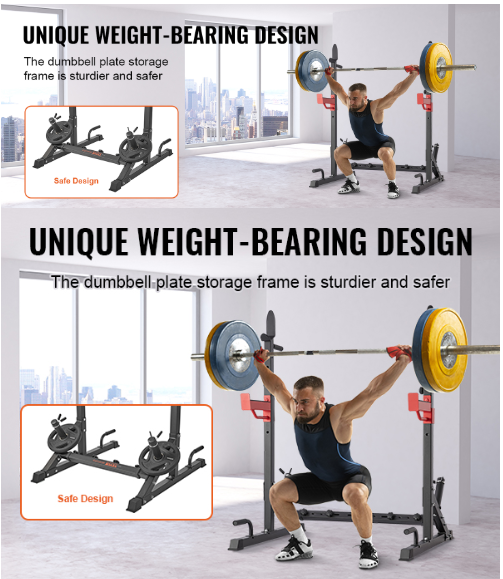 VEVOR Squat Stand Power Rack, Multi-Functional Barbell Rack with Hook, Weight Plate Storage Attachment, Adjustable Free Bench Press Stands, Max Load 600 Lbs Steel Exercise Squat Stand for Gym/Home Gym