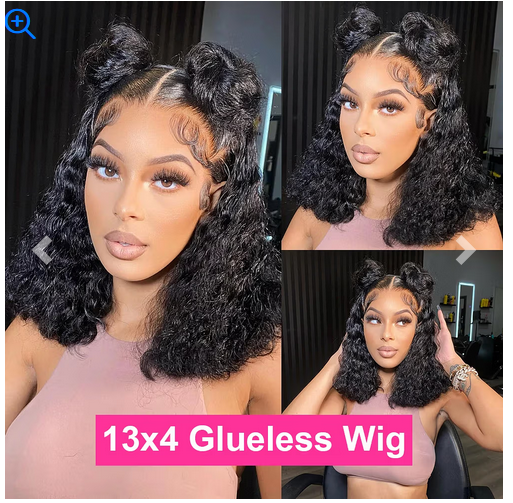 Stretched Length: 10inches, Density: 150% - Water Wave Bob Wig Glueless Preplucked Human Wigs Ready To Go 13x4 Frontal Brazilian Wigs HD Transparent Lace Wig Deep Curls