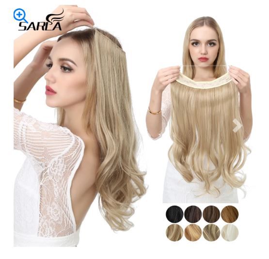 Color: 4/27HL, Stretched Length: 22 INCHES - Synthetic No Clip Wave Hair Extensions Ombre Natural Black Blonde Pink One Piece False Hairpiece Fish Line Fake Hair Piece