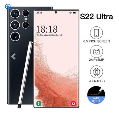 6.5 Inch HD S22ultra Smartphone MTK6580P Quad-core 2GB RAM 16GB ROM Face Recognition Android 8.1 Phone Black US Plug