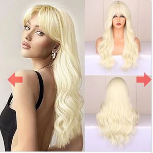 Color: Blonde - Blonde synthetic wig with straight bangs Ladies Cosplay wig High temperature silk wig set with big waves and long curly hair
