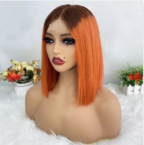 Hair Color: #12, Stretched Length: 8inches, Density: 100% - Vietnamese Double Drawn Straight Short Bob Wig 2x6 Deep Part Lace Closure Wig Orange Candy Color Wig For Black Women 250 Density
