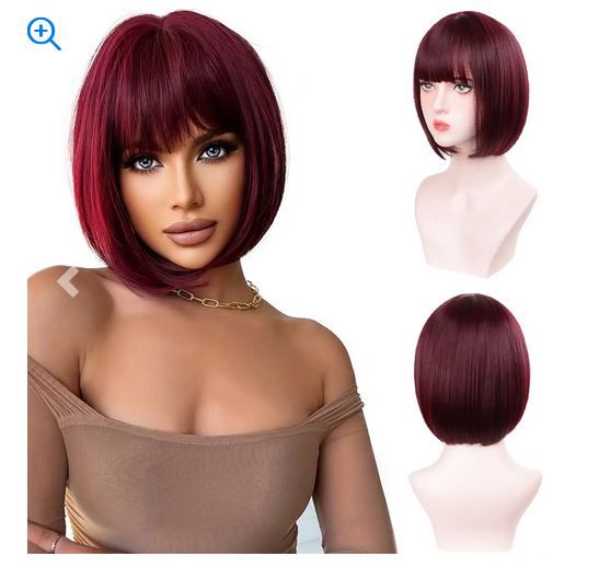 Color: #530 - Pink Bob Synthetic wig Short straight hair with bangs Multi-colored Halloween cosplay daily wear high temperature silk wig
