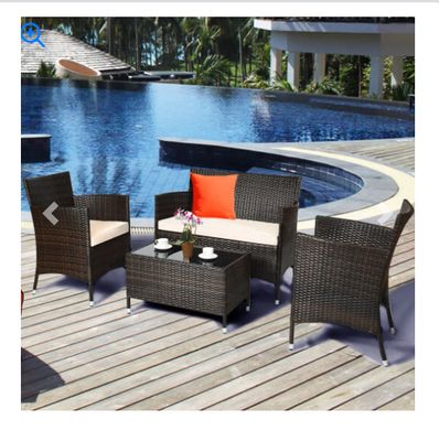 4 Pieces Comfortable Outdoor Rattan Sofa Set with Glass Coffee Table-Beige &amp; Gray - Color: Beige &amp; Gray