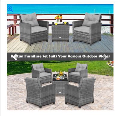 3 Pieces Outdoor Wicker Conversation Set with Tempered Glass Tabletop-Gray - Color: Gray