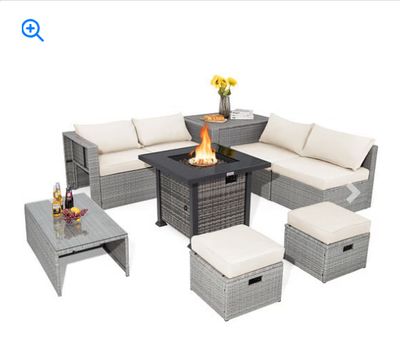 9 Pieces Outdoor Patio Furniture Set with 32-Inch Propane Fire Pit Table-Off White - Color: Off White