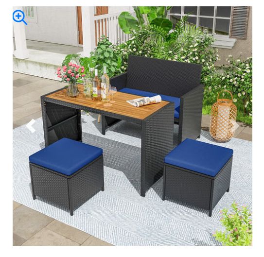 4 Piece Outdoor Dining Set with Wood Topped Dining Table Rattan Loveseat Chair and 2 Ottomans-Navy