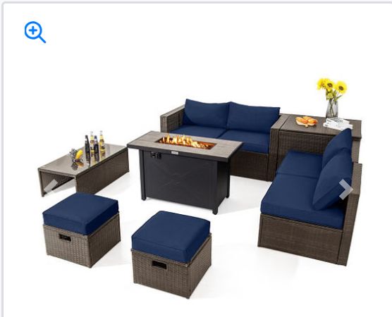 9 Pieces Outdoor Patio Furniture Set with 42 Inch Propane Fire Pit Table-Navy - Color: Navy
