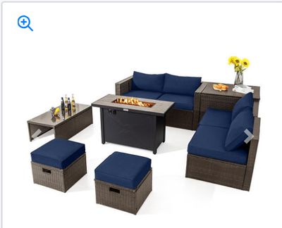 9 Pieces Outdoor Patio Furniture Set with 42 Inch Propane Fire Pit Table-Navy - Color: Navy