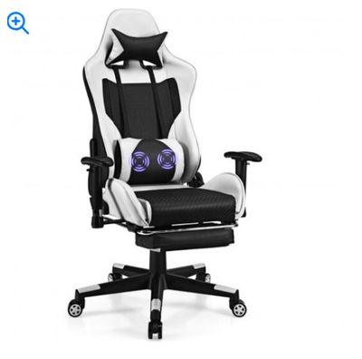 PU Leather Gaming Chair with USB Massage and Lumbar Pillow Footrest-White - Color: White