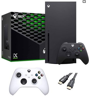 X-Box Series X Gaming Console Bundle - 1TB SSD Black X-Box Console with Two Wireless Controllers -Black and White -and ahaghug Authorized HDMI Cable