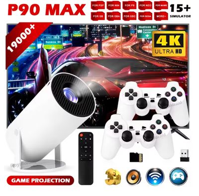P90 Max Projector Game 4K HD 1080P Bluetooth-Compatible Androd11 Proyector W 2 Wireless Game Controllers Built-in 19000+ Games