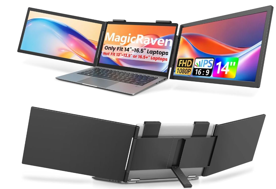 Laptop Monitor Extender - 14 Inch Triple Portable Monitor IPS FHD 1080P 3-Type-C External Screen with Windows Mac Travel Work for Laptops Compatible, Fits 14"-16.5" Laptops