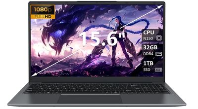15.6" FHD Laptop Computer - N150 Processor (4C/4T, Up to 3.60 GHz), 32GB RAM 1TB PCIe SSD, Win11 Pro Laptops Notebook-Computer Ordinateur Portable, 8000mAh Battery, Backlit Keyboard,Fingerprint Reader